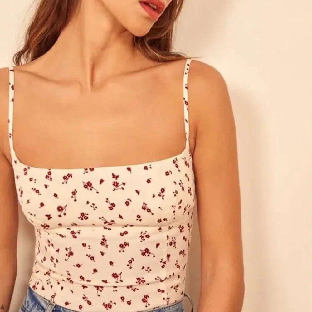 Reformation | Grace Floral Smocked Strap Tank Top in Penny Red & White